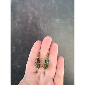 Millefiori Glass Beaded Gold Tone Metal Dangling Pierced Earrings Vintage